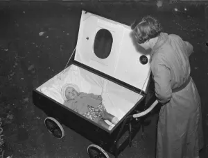 Gas proof pram invention in Hextable, Kent. 1938