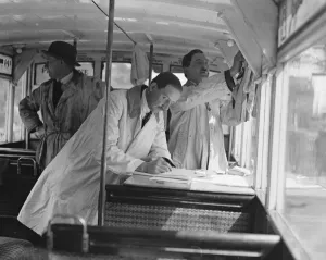 Emergency Prints: The General Strike The motor bus park in Regents Park - an office rigged inside a bus