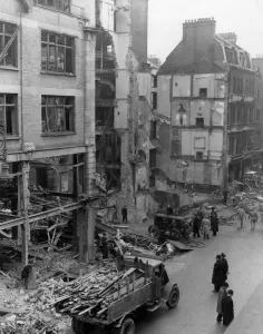 Blitz Prints: General View of Bomb crater made from ledge on the first floor of the Ike Bare Transportation
