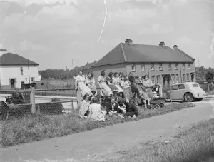 Girls watching the fire at the paper mills in St Mary Cray, Kent