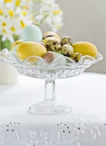 Decorative Prints: Glass stand with hand painted eggs including quais eggs credit: Marie-Louise Avery