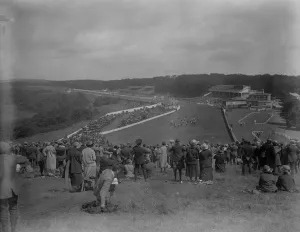 Sussex Prints: The Goodwood races. A striking general view of the racecourse, stands and enclosures