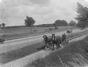Grass cutting in Chelsfield, Kent, using a horse drawn mower. 1936