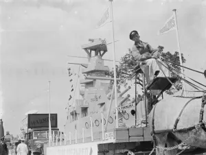 The Gravesend Carnival procession in Kent. The HMS Fremlins float