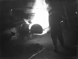 Industrial Prints: Gravesend Gasworks in Kent. Flames coming out of the retorts. 1939
