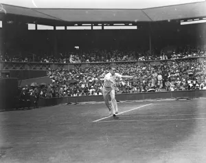 The great all American match at Wimbledon. Richards in play against W M Johnston