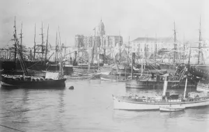 Boats Prints: Great Malaga Fire A disastrous fire at the Spanish port of Malaga razed the Customs House