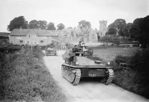 Great mechanical army on Salisbury Plain. Two huge tanks passing through Collingbourne