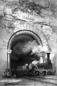 People Prints: Great Western Railway, steam train emerging from tunnel