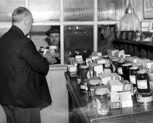 Not a grocers shop but a farm office at harvest time - when the harvest rations