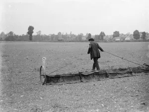 Meeting Prints: A groundsman pulls a rake over a field. 1936