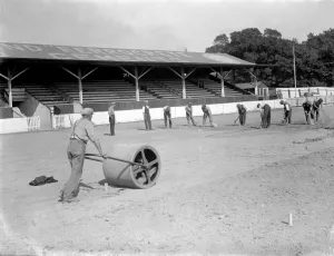 Groundsmen at work on the Northfleet Football ground. 1935