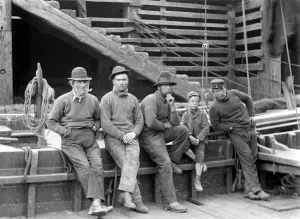 A group of fishermen from Saltburn by the Sea, a small seaside town on the English