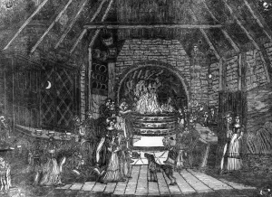 Halloween people sitting around a fire While the fairies are abroad humans stay