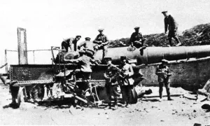 The Heroic Gallipoli Landings : Transports and Captured Guns. Seen here soldiers