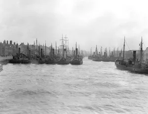 Funnels Prints: The Herring Fishing fleet moored in harbour at Great Yarmouth, Norfolk, England