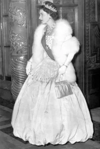 HM Queen Elizabeth II beautifully attired waits for President Gronchi to arrive for