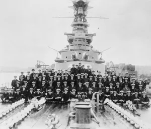 HMS Hood after refit at Devonport, Devon Rear Admiral SirF L Field, KCB, CMG