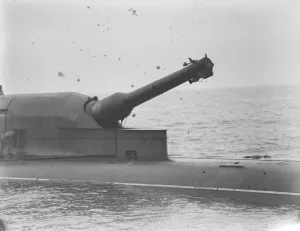 HMS Submarine No 3 During her sea trials in the North Sea. Her 12 inch gun is