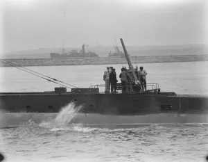 HMS Submarine No 3 Showing the gun crew of the M 3 testing the 3 inch anti aircraft