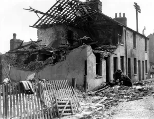 Britain Prints: Home front 1940. Destroyed house in the Dartford area after a German air raid