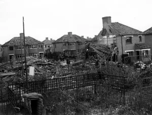 Home front 1940. A residential area showing signs of being heavily damaged after