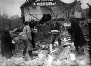 Home Front 1940 Salvaging school books at a bombed Northfleet school, Kent