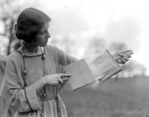 Home dyeing and weaving industry at Alston Studio. Combing the raw fleece. 1920