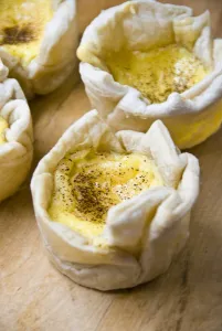Yellow Prints: Home made portuguese style custard tarts with confectioners custard and puff pastry credit
