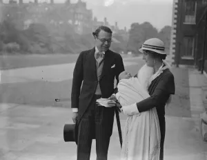 The Hon Lancelot and Mrs Joynson Hicks and their infant son after his christening