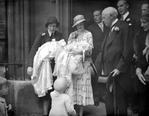 Hon Mrs Edward Barford at christening of her twins at St Margarets, Westminster