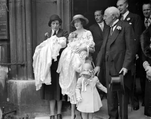 Smiling Prints: Hon Mrs Edward Barford at christening of her twins at St Margarets, Westminster