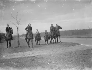 Horse riders ride on the path down the bypass road. 1936