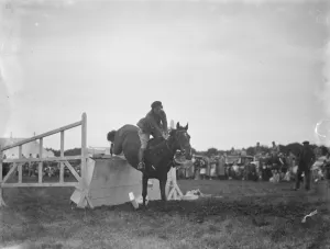 A horse show in Westerham, Kent. The show jumping competition. 1936