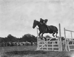 A horse show in Westerham, Kent. The show jumping competition. 1936