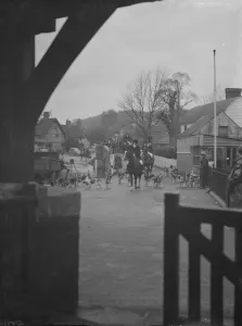 Hunting Prints: The huntsmen and their hounds follow the scent down the road. 31 January1938