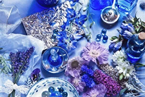Floral Collection: The idea of blue fragrance - flowers, fabric, scent, glass, credit: Marie-Louise