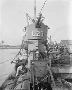 Four inch gun on conning tower of new British submarine The four inch gun on