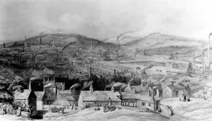 19th Century Prints: Industrial landscape with the London and Manchester Railway in the background (right)