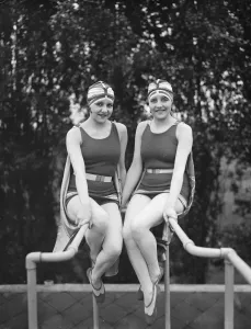 The inseparable dodge twins at Chiswick Baths. 20 July 1926