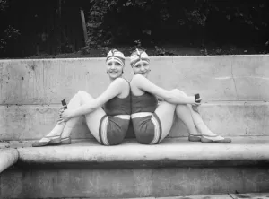 Double Prints: The inseparable dodge twins at Chiswick Baths. 20 July 1926