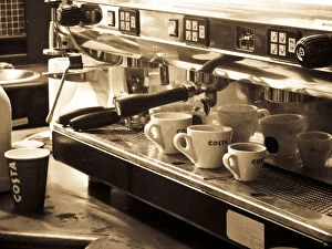 Machine Collection: Interior details of Costa coffee shop at motorway service station, showing espresso