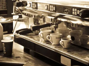 Caffeine Prints: Interior details of Costa coffee shop at motorway service station, showing espresso