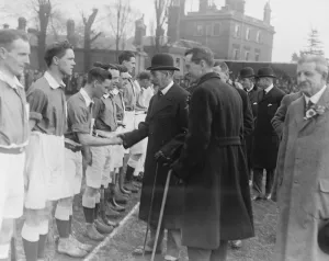 Hockey Prints: International hockey at Beckenham England versus Ireland. The king shakes hands
