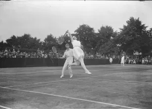 International tennis party at Roehampton club Miss E Colyer and P D B Spence in