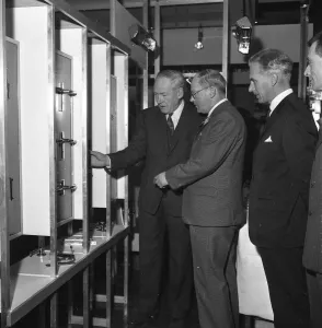Irish Prints: The Irish Ambassador, Mr Cornelius Cremin ( left ) inspects house-hold equipment