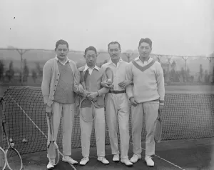Japanese Prints: Japanese tennis players at practice at Hendon. The Japanese tennis team who oppose