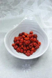 Japanese Wineberry (Rubus phoenicolasius) in small bowl credit: Marie-Louise Avery
