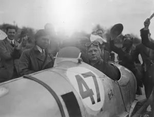 John Cobb wins British Empire Trophy Race at Brooklands. John Cobb, in a delage car