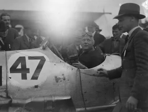 John Cobb wins British Empire Trophy Race at Brooklands. John Cobb, in a delage car